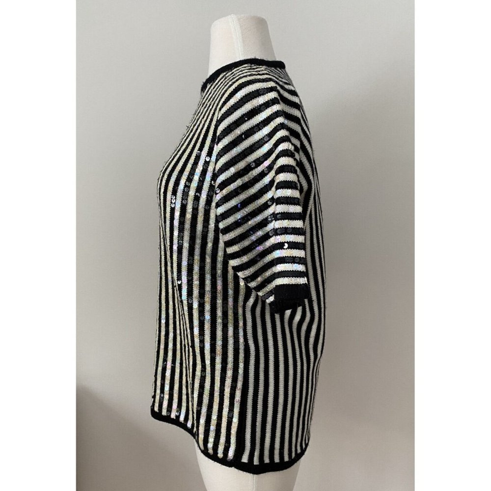 Regency collection By Joyce Vintage Women’s Sweater Sequins Black‎ White Stripe - Picture 5 of 8